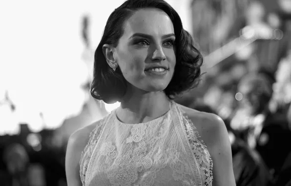 Smile, portrait, actress, black and white, beauty, Daisy Ridley, Daisy Ridley