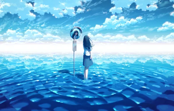 Water, girl, road mirror