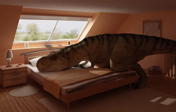 Room, bed, interior, dinosaur, resting, bedroom