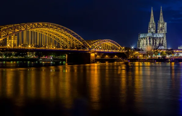 Light, night, bridge, river, Church, Cathedral, Cologne, Rhine