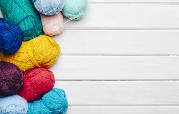 Thread, colors, wooden background, yarn