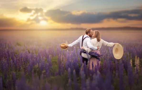 Picture field, summer, girl, flowers, nature, basket, kiss, pair