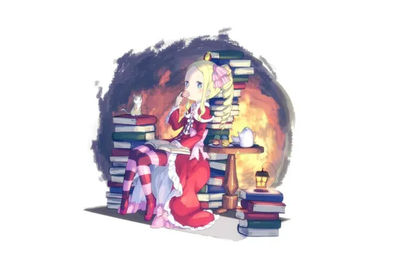 Kitty, table, books, kettle, lantern, sweets, white background, a lot