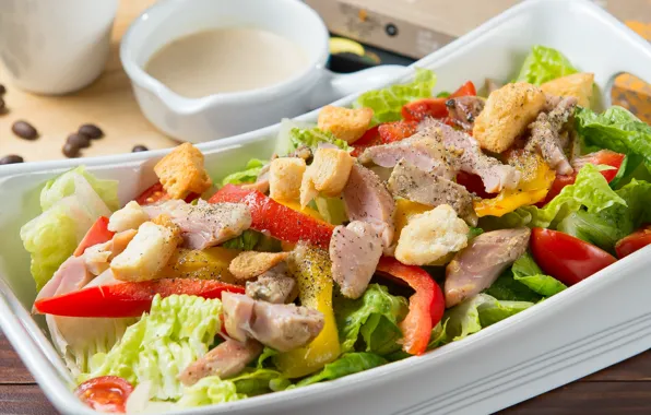 Meat, pepper, vegetables, tomatoes, salad, crackers