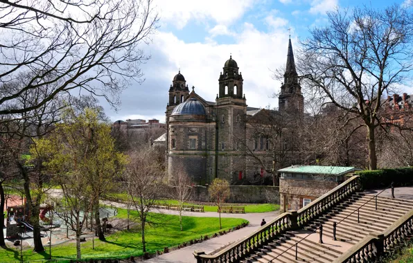 The sky, the sun, clouds, trees, castle, Scotland, ladder, benches