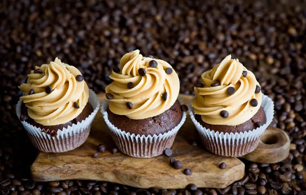 Cream, coffee beans, cakes, cupcakes, Anna Verdina, cutting Board, cupcakes