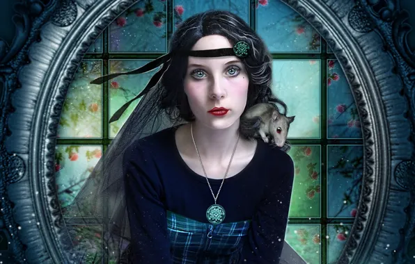 Look, girl, rat, red lips, photoart