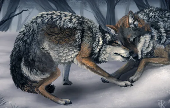 Picture winter, animals, trees, game, art, wolves, wild
