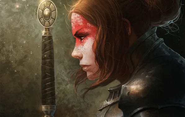 Girl, sword, art, profile, coloring, arm, armor
