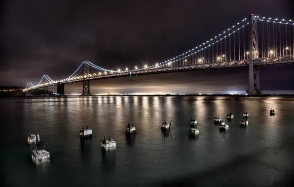 The sky, water, light, night, bridge, the city, lights, gate