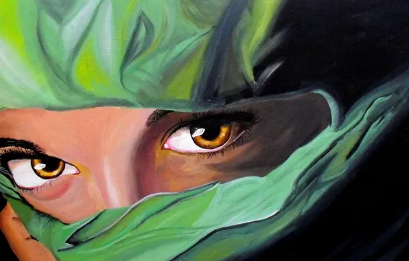 Eyes, girl, green, eyelashes, painting, shawl