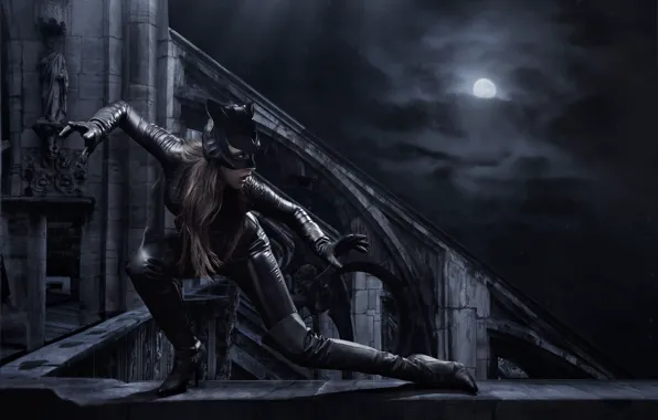 Night, pose, the moon, boots, mask, costume, Catwoman, the parapet