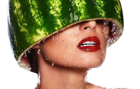 Picture water, girl, drops, head, makeup, watermelon, lips, white background
