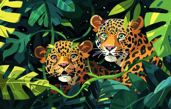 Picture Look, Leaves, Kittens, Two, Digital art, Predators, Jaguars, Cubs