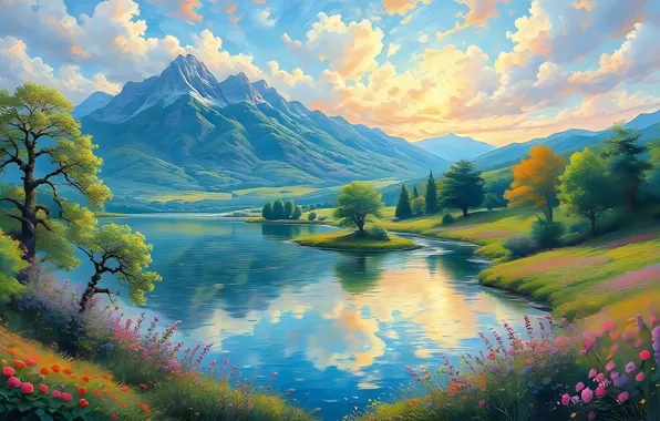 Clouds, trees, landscape, flowers, mountains, nature, lake, imitation painting