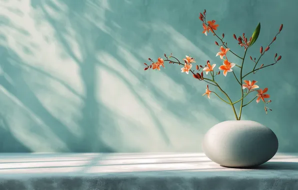 Picture light, flowers, orange, stones, sprig, wall, shadow, minimalism