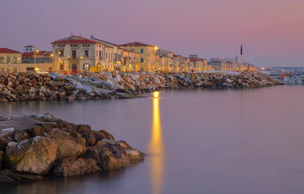 Sea, lights, shore, home, Italy, Tuscany, Marina di Pisa