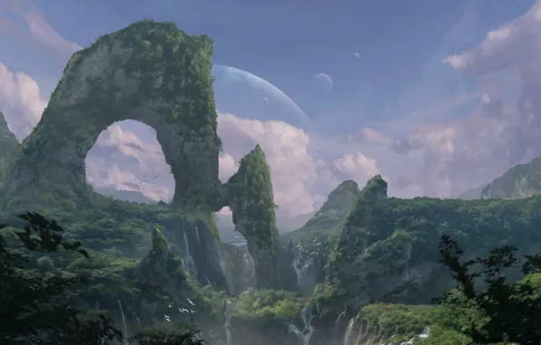 The sky, clouds, trees, mountains, birds, rocks, planet, waterfall