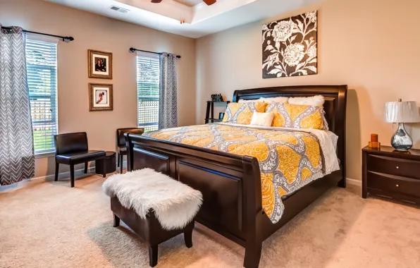 Picture picture, carpet, chest, bed, lamp, curtains, pillow, bedroom