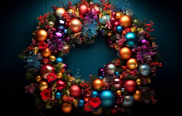 Decoration, the dark background, balls, colorful, New Year, Christmas, Christmas, wreath
