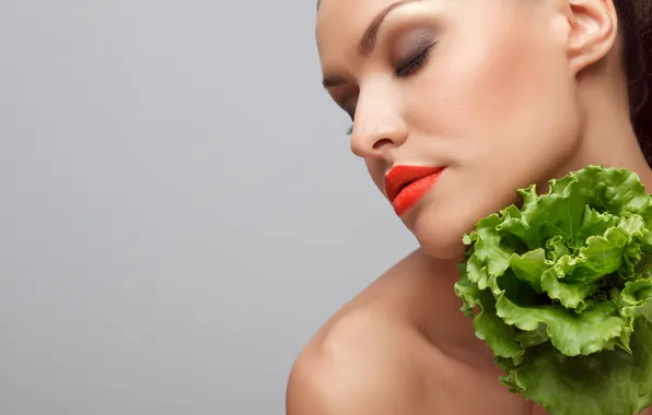 Greens, girl, makeup, salad