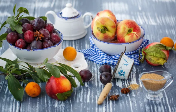 Leaves, dishes, sugar, fruit, still life, peaches, plum, apricots