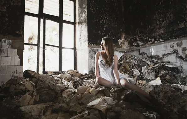 Picture girl, window, abandoned building