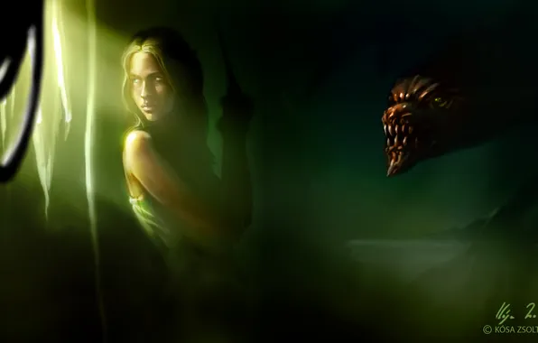 Picture look, girl, face, weapons, monster, being, art, mouth