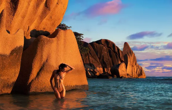 Sea, the sky, girl, clouds, light, heat, the ocean, rocks