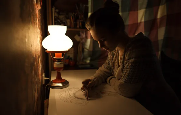 Girl, night, paper, table, lamp, pencil, sitting, draws