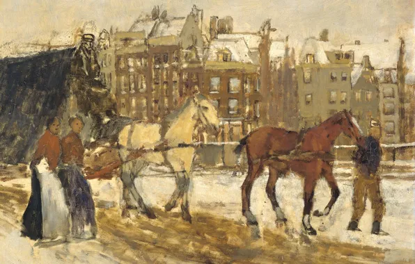 The city, horse, picture, Georg Hendrik Breitner, Street Rokin in Amsterdam