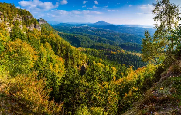 Autumn, forest, the sky, the sun, clouds, trees, mountains, stones