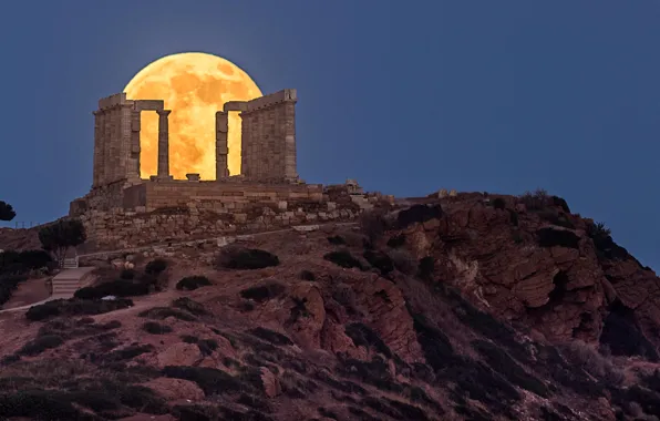 Night, rock, Greece, temple, ruins, neblina