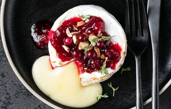 Berries, food, cheese, plate, knife, plug, nuts, sauce