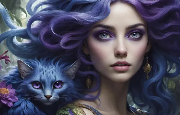 Cat, cat, look, girl, blue, fantasy, portrait, friends