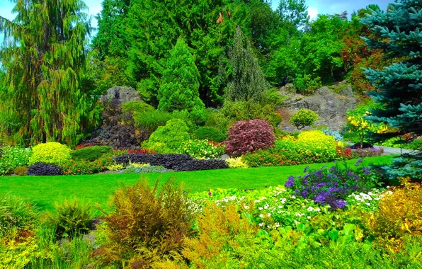 Picture greens, grass, trees, flowers, Canada, Sunny, the bushes, gardens