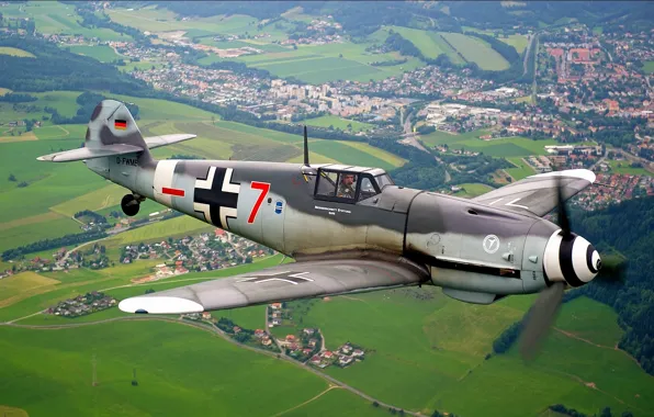Picture the sky, the city, earth, field, fighter, the plane, German, during the Second world war