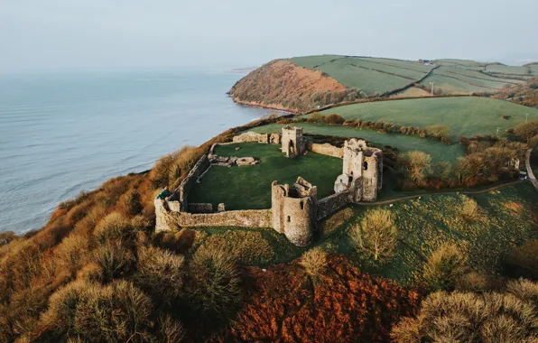 Sea, autumn, forest, castle, shore, ruins, the