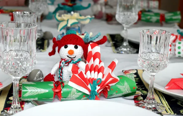 Winter, table, holiday, toy, glasses, Christmas, plates, New year