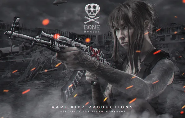Girl, Apocalypse, smoke, skull, spark, tattoo, machine, bones
