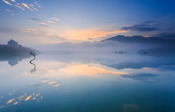Picture mountains, fog, lake, tree, morning, couples