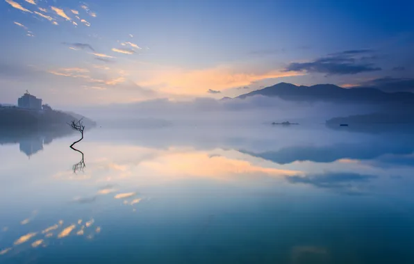 Mountains, fog, lake, tree, morning, couples