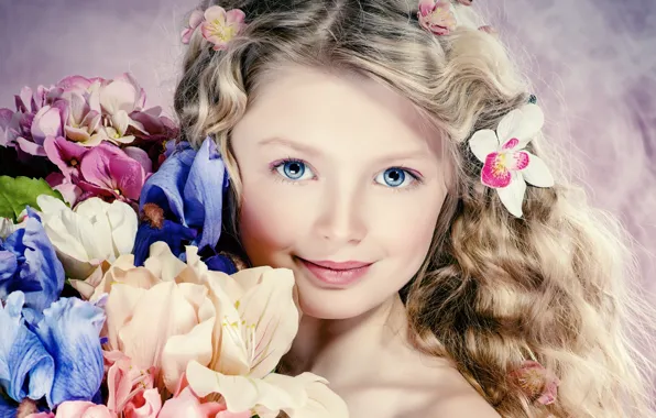 Look, flowers, hair, portrait, girl, blue eyes