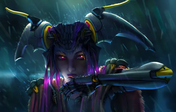 Picture look, girl, face, fiction, rain, robot, hands, cyborg
