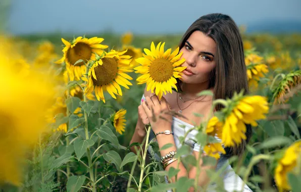 Summer, girl, sunflowers