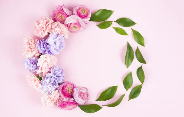 Leaves, flowers, background, pink, roses, buds, fresh, pink