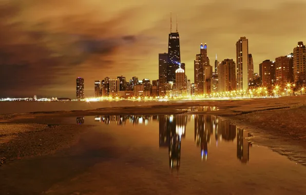Night, the city, lights, lake, Chicago