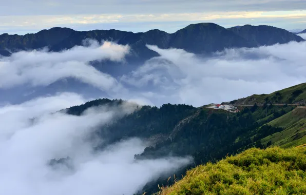 Clouds, fog, house, hills, view, height