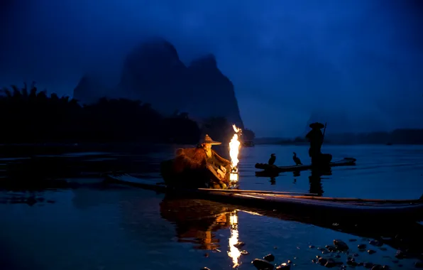 Night, river, fishing, boats, China, fishermen, cormorants, Yangtze