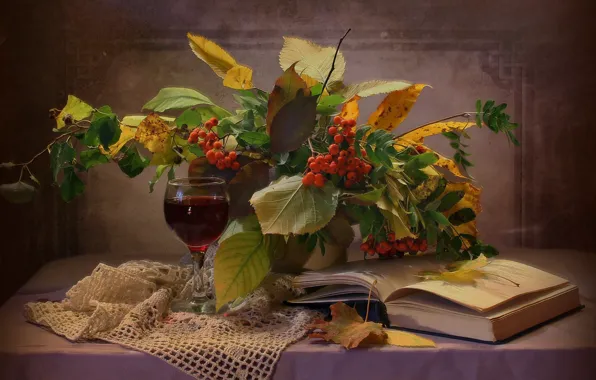 Leaves, branches, berries, glass, book, drink, still life, table